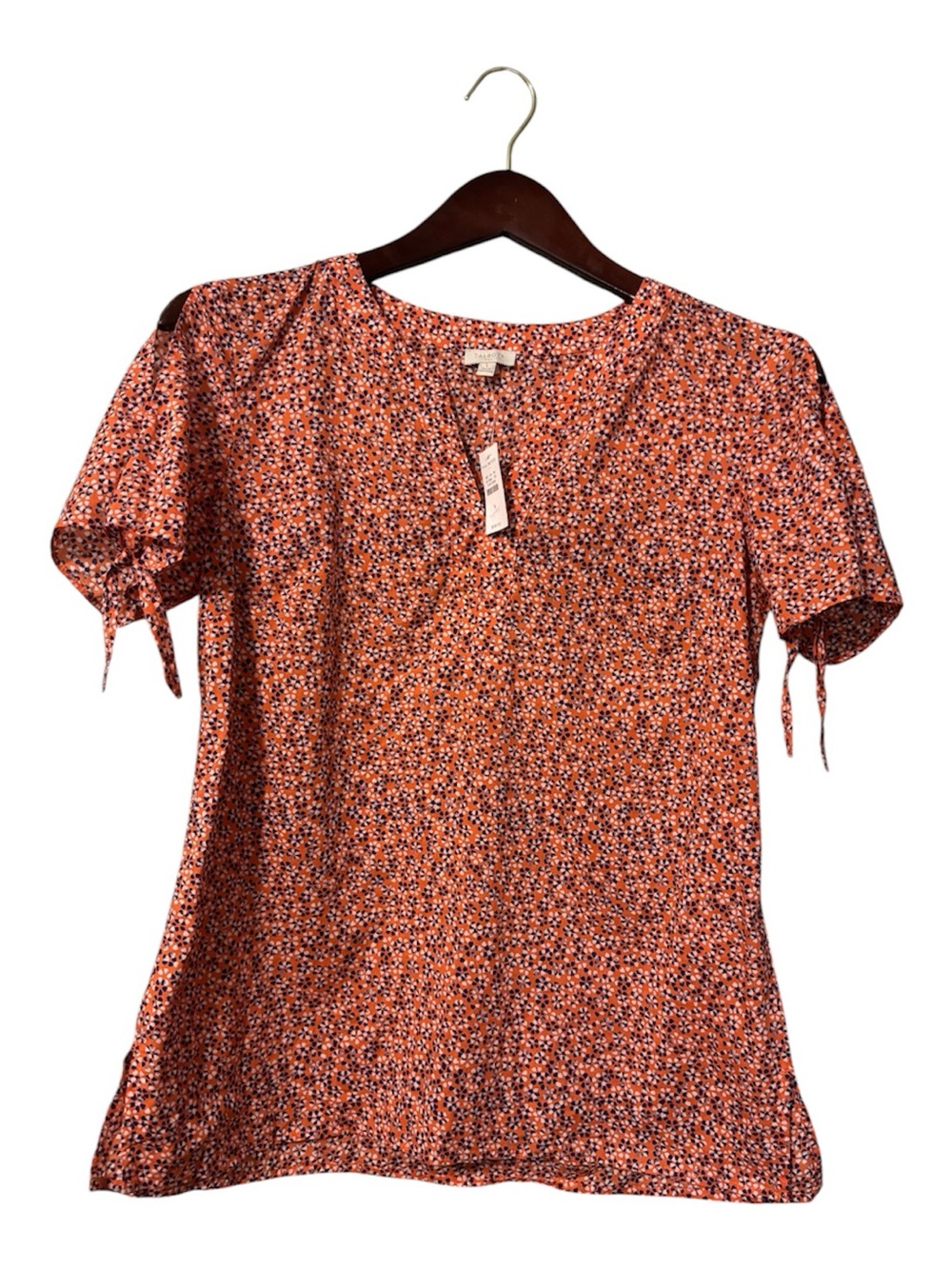 NWT Talbots Floral Geo Cold Shoulder Tie Sleeve Blouse Orange Pink Blue S